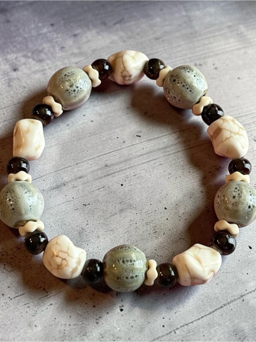 Sea Green Ivory Bracelet Ceramic Beaded Adjustable Dark Brown Boho
